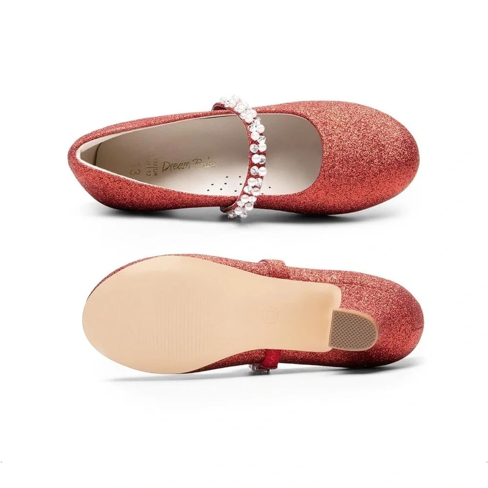 NIB Mary Jane GIRLS SZ 1 RED GLITTER DRESS Shoes LOW HEEL w/Pearls & Rhinestones